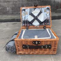 Panier de pique-nique en saule tressé brun foncé avec doublure en coton, sangle en cuir et tapis assorti pour le camping en plein air – Coffret cadeau