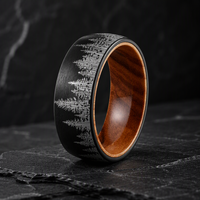 Cincin Tungsten Carbide Tempusort Fashion Jewelry 8mm Motif Pohon Hutan Hitam dengan Lapisan Kayu di Dalam untuk Pria, Hadiah Ulang Tahun