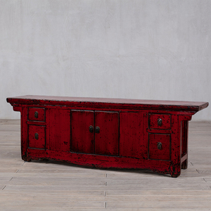 Meuble bas Wabi-Sabi en laque rouge délavée, console TV en bois d'orme vieilli avec finition usée - Product Image 5