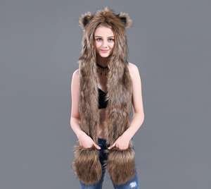 Экологичная пушистая шапка-маска из искусственного меха с шарфом и перчатками, зимняя плюшевая шапка-мультяшка 3-в-1, с возможностью индивидуального заказа и OEM-производства - Product Image 1