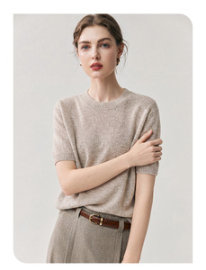 T-shirts décontractés à manches courtes pour femmes en lin et coton avec col à paillettes et rayures, hauts respirants, mode féminine - Product Image 3