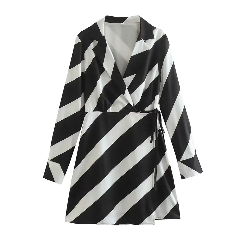 QZ8380 New 2022 European Chic Black White Striped Print Long Sleeve Dress Women Dresses 10