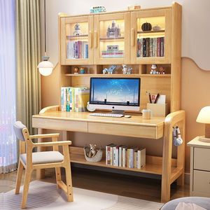 Solid Wood <b>Desk</b> And Bookshelf Integrated Student Computer <b>Desk</b> 80x60x186cm For Bedroom Kids <b>Study</b> Furniture Set - Product Image 2