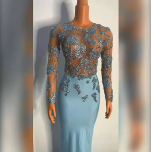 فستان سهرة أزرق طويل بأكمام طويلة ومطرز بالترتر، فستان فاخر وجذاب عالي الجودة بمقاس كبير للحفلات والمناسبات، قابل للتخصيص - Product Image 6