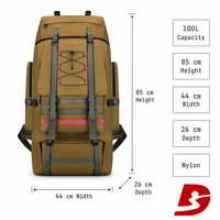 Sac à dos de randonnée 100L grande capacité, sac de voyage et de camping en plein air, sac à dos en nylon avec couvercle supérieur, cordons élastiques avant et poches latérales