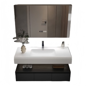 ตู้ห้องน้ำแบบแขวนผนังทันสมัยพร้อมอ่างล้างหน้าแบบฝังในตัววัสดุ Solid Surface และกระจก LED อัจฉริยะ - Product Image 6