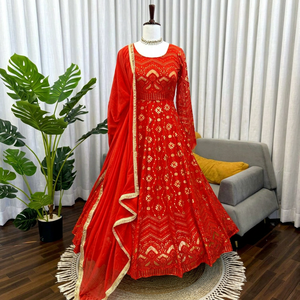 Conjunto de Vestido Anarkali Naranja Bordado, Vestido de Fiesta de Boda Largo hasta el Tobillo en Faux Georgette para Mujer - Product Image 1