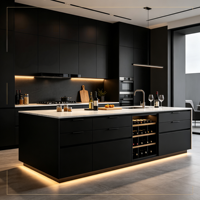 Meubles de cuisine modulaires modernes et minimalistes en contreplaqué, îlot central, écoresponsables et durables, avec comptoir, pour villas et appartements