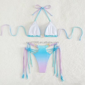 Bikini Sexy Pequeño con Diseño Único, Estampado y Rayas, Sujetador Push-Up, Traje de Baño y Ropa de Playa con Flecos - Product Image 2