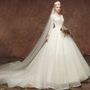 NDB10968 Vestido <span class=keywords><strong>de</strong></span> Novia Nuevo <span class=keywords><strong>de</strong></span> <span class=keywords><strong>Manga</strong></span> <span class=keywords><strong>Larga</strong></span> con Cola <span class=keywords><strong>de</strong></span> Falda Voluminosa Brillante y Efecto Adelgazante - Product Image 6