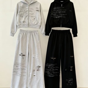 Sudadera con capucha personalizada de algodón de 500 g/m² con estampado, lavado a la piedra, cuello en V, estilo vintage, lavado ácido, efecto desgastado, con cremallera, conjunto de sudadera. - Product Image 1