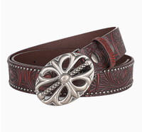 Ceinture en alliage noir à motifs floraux gaufrés complexes, boucle à plaque creuse, détails cloutés sur le bord, style rétro punk western complet, Zhejiang