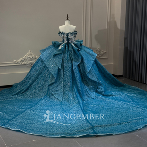 ชุดราตรีงาน Quinceanera รุ่น Xs312 ดีไซน์สวยหรู สายเดี่ยวประดับคริสตัล คอร์เซ็ทผูกโบว์ที่เอว แต่งเลื่อมสีเขียวอมฟ้า ผ้าลูกไม้ ทรงบอลกาวน์ ยี่ห้อ Jancember - Product Image 6