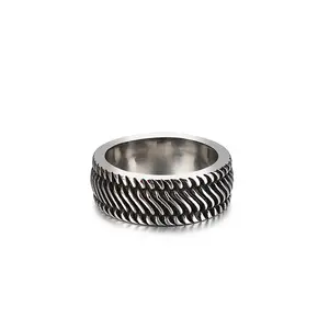 Stackable Joint Wave Boho Titanium Steel Wheel Pattern Silver Men Ring