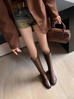 Sepatu Bot Berkuda Musim Dingin Setinggi Lutut dengan Ujung Bulat, Model Slip-On, dan Gesper