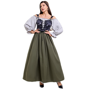 Ensemble robe style médiéval pour femme, épaules dénudées, manches longues et jupe à imprimé floral, pour un look rétro de cour européenne - Product Image 5