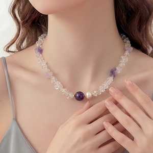 Collier en <span class=keywords><strong>perles</strong></span> de quartz améthyste naturel et de quartz clair, <span class=keywords><strong>perles</strong></span> d'eau douce, plaqué or 18 carats pour femme CL26-145 - Product Image 6