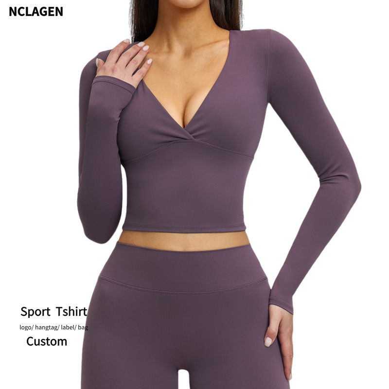 New Cross V Neck Lightweight Breathable Tight Fitting Women's Spring/Summer Gym Long-Sleeve Pilates Yoga T-Shirt Versatile