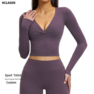 Nouveau <span class=keywords><strong>T</strong></span>-<span class=keywords><strong>shirt</strong></span> de yoga et de Pilates polyvalent pour <span class=keywords><strong>femme</strong></span>, à manches longues, col en V croisé, léger, respirant et ajusté, idéal printemps/é<span class=keywords><strong>t</strong></span>é pour la gym - Product Image 1