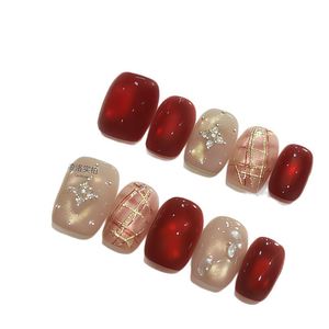 <span class=keywords><strong>Uñas</strong></span> Postizas Hechas a Mano con Diseño de Ojo de Gato en Rojo Vino, Estilo Clásico a Cuadros Blancos para Navidad - Product Image 5