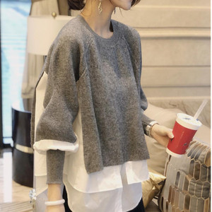 Suéter de punto para mujer con efecto de dos piezas (pullover + camisa), cuello redondo, manga abullonada, estilo oversize, informal y de moda. - Product Image 2