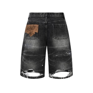 Shorts en jean brut noir streetwear, déchirés, effilochés, patchwork, décontractés, amples, pour homme, été - Product Image 2