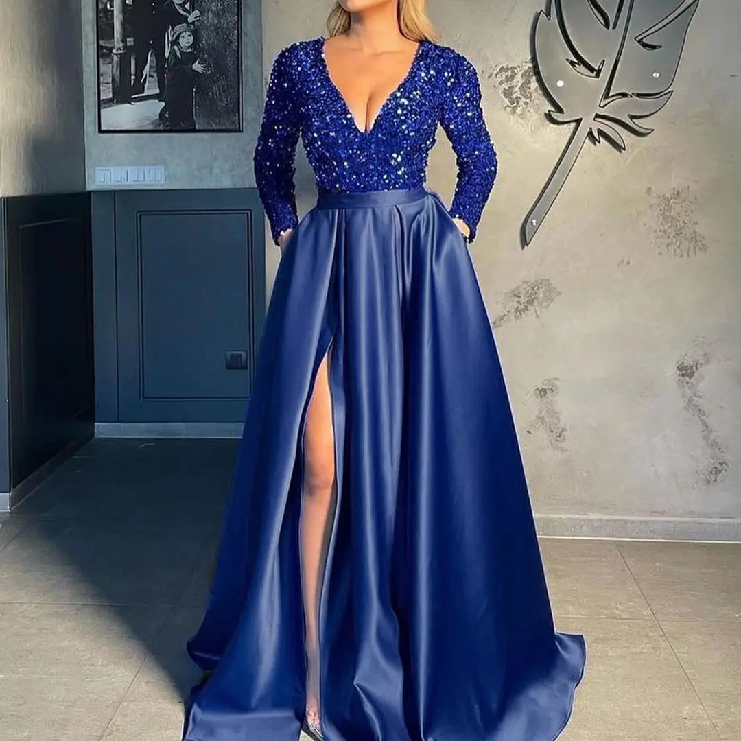 Alibaba Custom Formal Party Evening Dresses Blue Ball Gowns For Lace Long Sleeve Women Evening Dresses