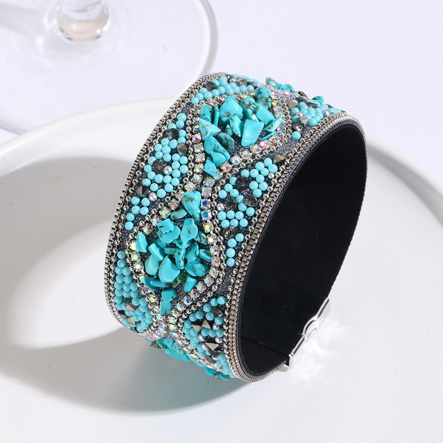 Vintage Western Tribal Wide Cuff Bracelet Women Turquoise Chip Seed Bead Tungsten Zinc Alloy Handmade Boho Adjustable Bangle