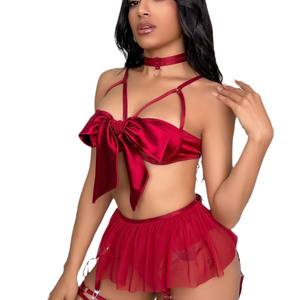 Set di lingerie erotica in rete rossa con top con fiocco e cinturini per donna taglia M L Xl 2xl - Product Image 6