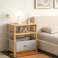 Table d'appoint de rangement à niveaux personnalisable en bambou avec station de charge et tiroir en tissu réglable pour chambre et salon