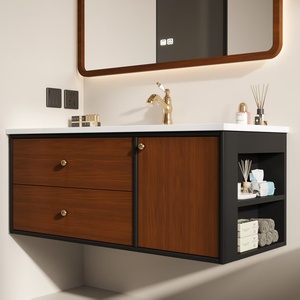 Modern Wood Tone Bathroom Vanity with LED Time Display <b>Mirror</b> Heat-Bent Integrated Basin <b>Wall</b>-Mounted Storage Cabinet - Product Image 2