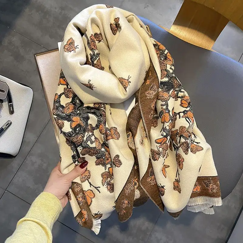 2023 осенне-зимний новый корейский шарф из искусственного кашемира женский плотный теплый шаль с принтом в виде бабочки