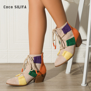 Bottines à lacets Coco SILIYA en patchwork, bout pointu, talon épais, bottines tendance pour femmes - Product Image 1