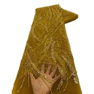 NI.AI, французская сетчатая кружевная ткань, краситель золотого цвета, экологическая ткань с блестками, вышитая бисером, кружевная ткань для женщин, свадебное платье