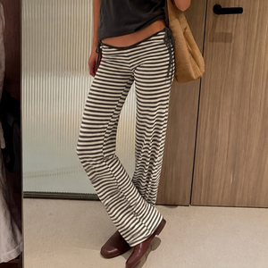 Pantalon extensible taille basse à rayures colorblock avec découpes latérales et liens, style urbain européen et américain, coupe flatteuse, basique et décontracté, pour un look tendance. - Product Image 4