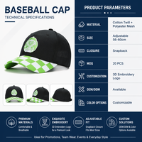 Casquette de baseball personnalisée en sergé noir à 6 panneaux, visière à motif damier, patch brodé personnage de dessin animé, accent vert lime, vente en gros