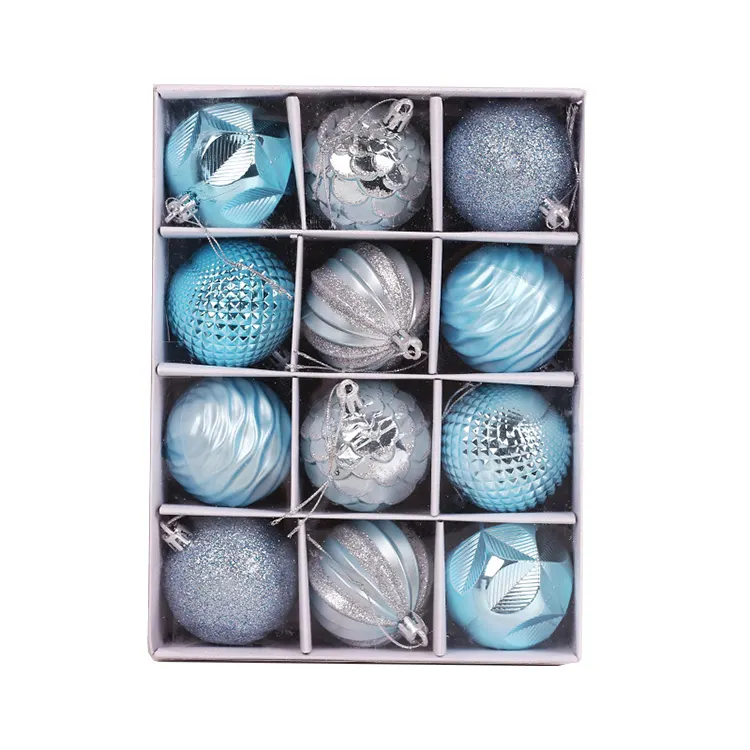 Promozione di palline vuote di plastica di natale stampate personalizzate buon prezzo blu appeso scatola regalo di decorazioni per palline di Design dipinte di natale