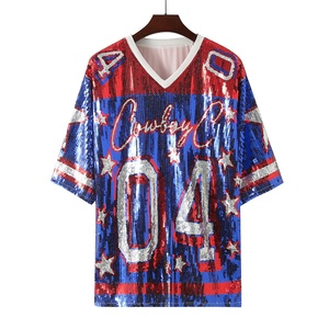 Women's Casual V-neck Half Sleeve Sequin T-shirt <strong>Top</strong> Star Number Long Cowboy Carter Sequin Jersey Shirts Mini Dress for Fans - Product Image 2