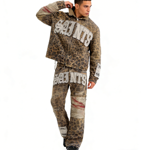 Custom Leopard Sweatsuit <b>Jacket</b> <b>Rhinestone</b> Embroidery Applique Zip up Hoodie and Jogger Sweatpants Set Heavyweight Tracksuit Men - Product Image 2