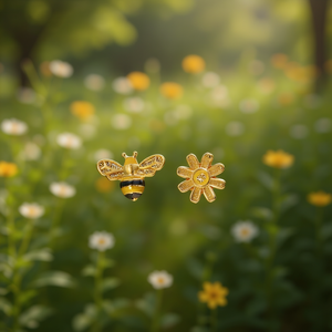 Pendientes de Oro E2915 con Diseño de Abeja y Flor, Chapados en Oro, Diseño de Insecto Bonito, Unisex, para Uso Diario, Joyería Fina - Product Image 2