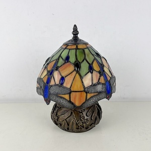 LongHuiJing 8Inch European Pastoral Vintage Tiffany Table Lamp Orange <b>Decor</b> with Blue Dragonfly Pattern Stained Glass Lampshade - Product Image 5