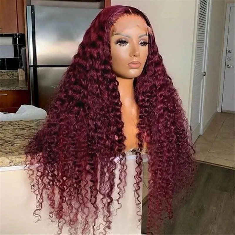 99J Burgundy Colored Water Wave 13x4 Lace Front Human Hair Wigs for Women Transparent Brazilian Curly Frontal Wig Pre Plucked