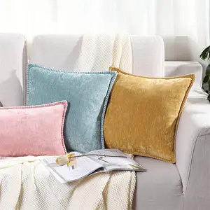 Cotton Thread Stitching Edges Decorative Solid Dyed Cozy Chenille Throw Pillow Case Cushion Cover Pillowcase