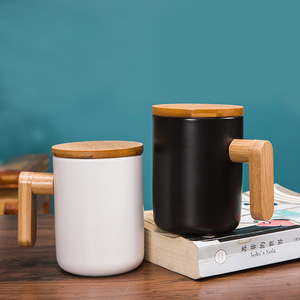 Wooden Handle Ceramic Mug Solid Color With Lid And Spoon Set For Coffee Tea Gift - Product Image 4