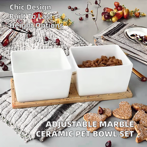 Adjustable Solid Pattern Waterproof <b>Ceramic</b> <b>Dog</b> Cat Food Water Bowl Elevated Wood Bamboo Stand - Product Image 2