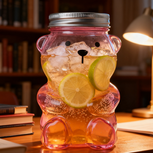 Gobelet en verre à double paroi sans BPA de forme classique en forme d'ours en peluche avec paille, réutilisable, anti-fuite, pour boissons froides, tasse à café avec chapeau - Product Image 1