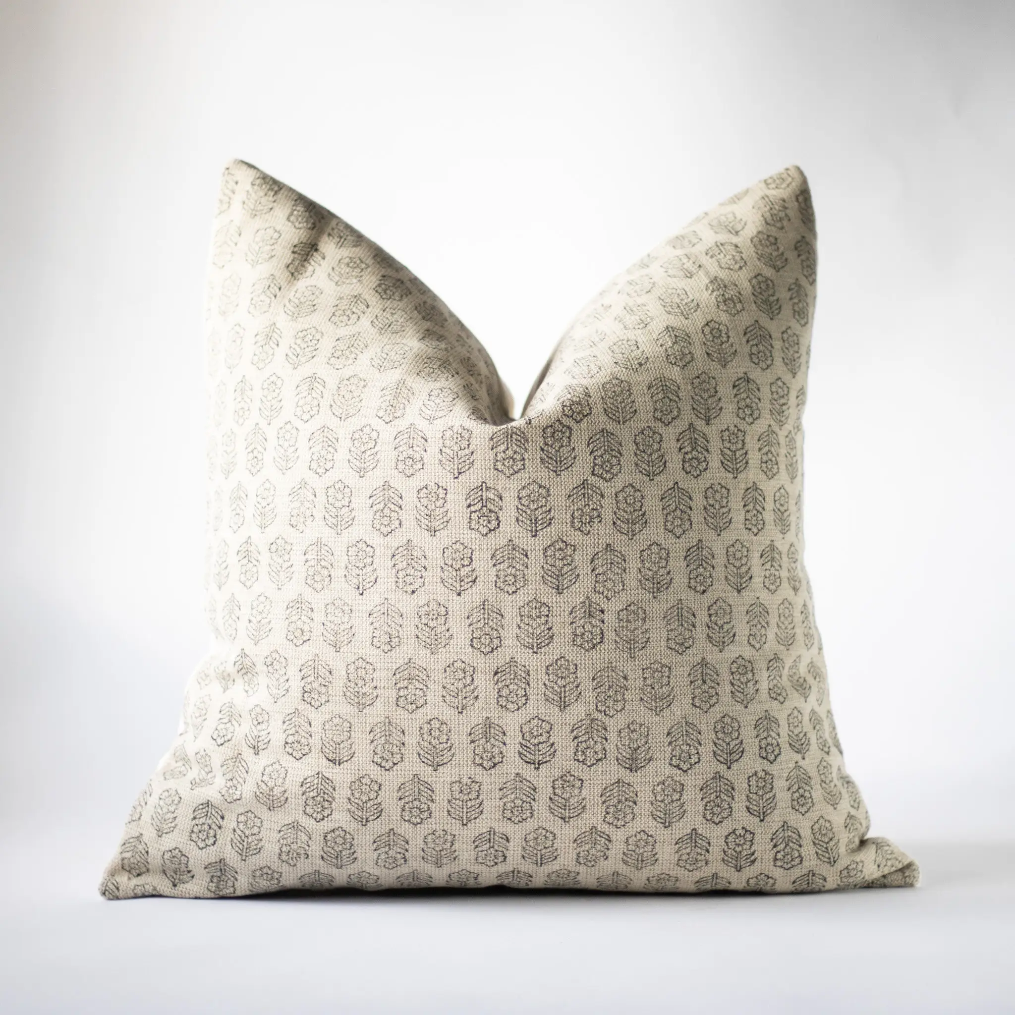 Beige Floral Block Print Pillow Cover  Decorative Designer Linen Neutral Throw Pillows California Casual Cushion Cover/