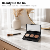 Palette de fards à paupières vide en gros à 3 compartiments avec miroir, en PVC noir, compacte, en matériaux recyclés, pour marques de distributeur