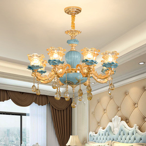 Lustre en cristal en céramique de luxe classique français D26.8in suspension en verre en alliage de zinc hauteur réglable E14 branche pour Villa - Product Image 4