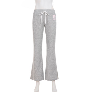 American Retro Casual Sporty Letter Print Color Block Flared Pants Streetwear Fashion Hot Girl <b>Drawstring</b> Grey Knit <b>Trousers</b> - Product Image 6